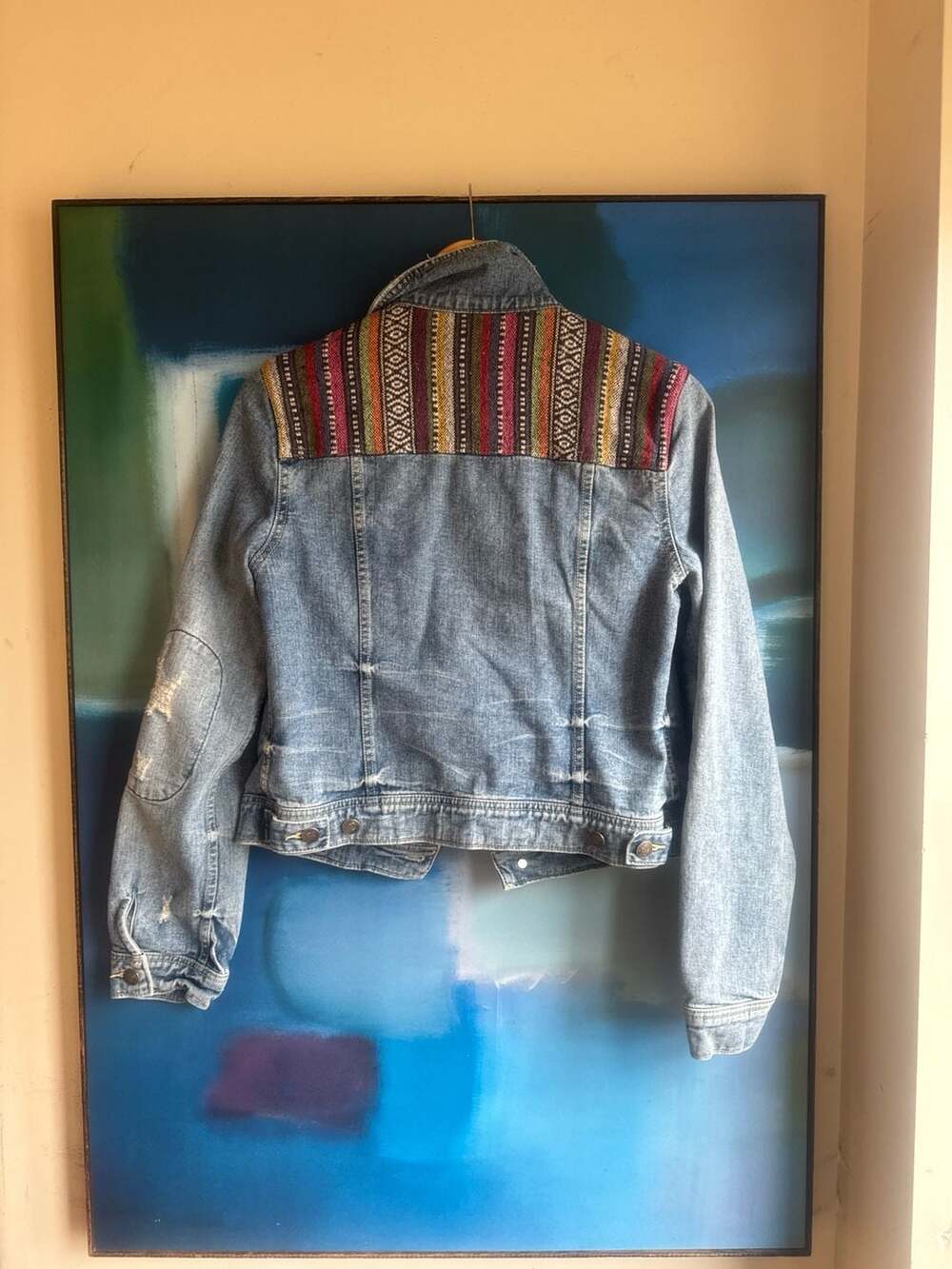 Free People Baja Serape Embroidered Distressed Denim Trucker Jacket - Picture 7 of 9
